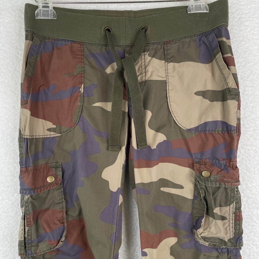 London Jean Women XS Y2K Camo Cargo Pants Green Purple‎ Utility Drawstring Waist